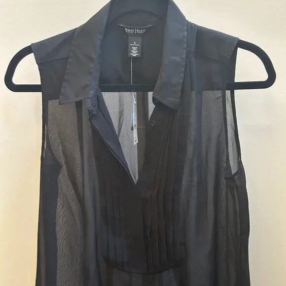 White House Black Market Pleated Bib Sheer Black Tunic Top NWT Sz S - Picture 2 of 9